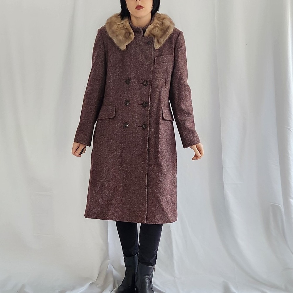 Vintage 1960 Brown 100% Wool Double-Breasted Coat with Vintage Mink Fur Collar